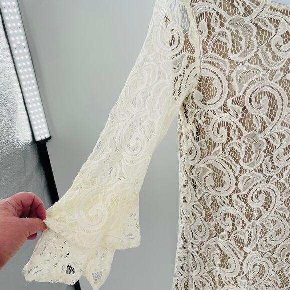 Tacera Cream Lace Overlay Sheer Bell Sleeve Cocktail Party Shift Dress S - Picture 7 of 14
